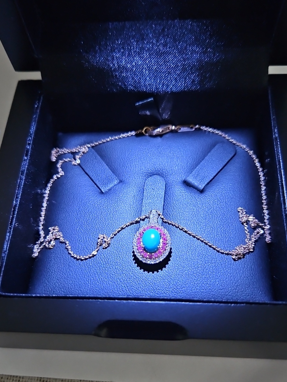 Premium Sleeping Beauty Turquoise and Natural Pink Saphire Halo Pendant Necklace